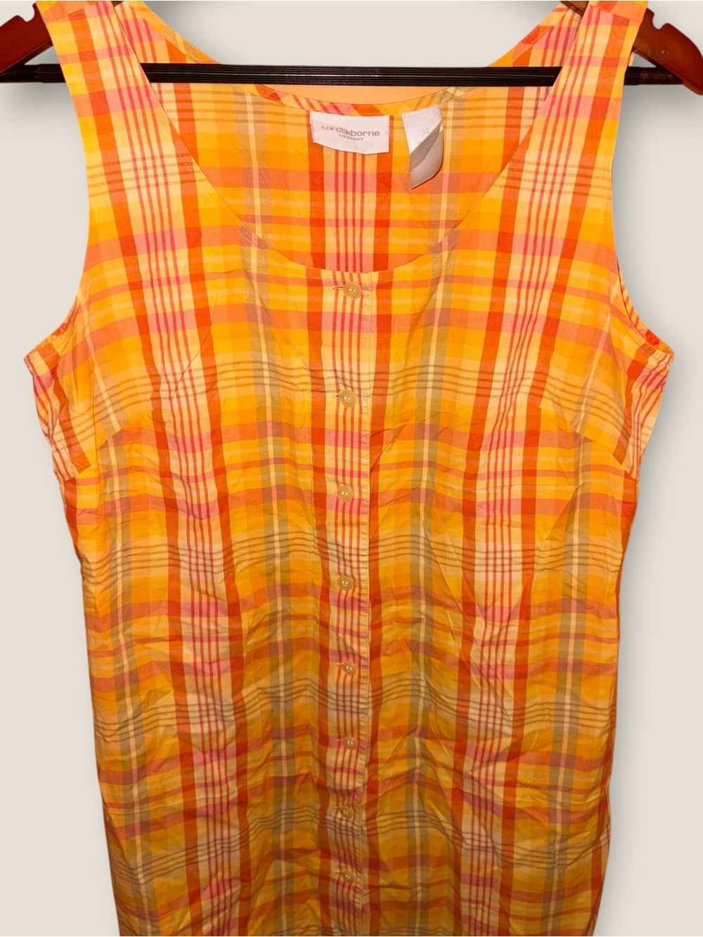 Vintage 90s Cottagecore 100% Cotton Liz Claiborne Orange Plaid Sleeveless Dress